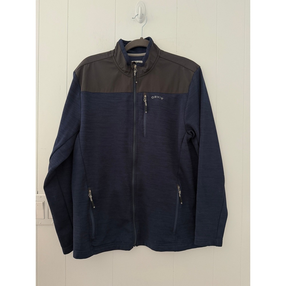 Orvis Mens Full Zip Fleece Jacket Navy Blue Gray Mock Neck Size M 1522009